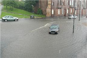 An extreme rainfall event in Glasgow on 30 July 2002 caused severe surface water flooding, image courtesey of Glasgow City Council and Scottish Water © 2002